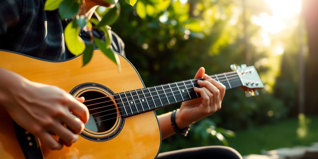 Pessoa tocando violão em um ambiente ao ar livre.