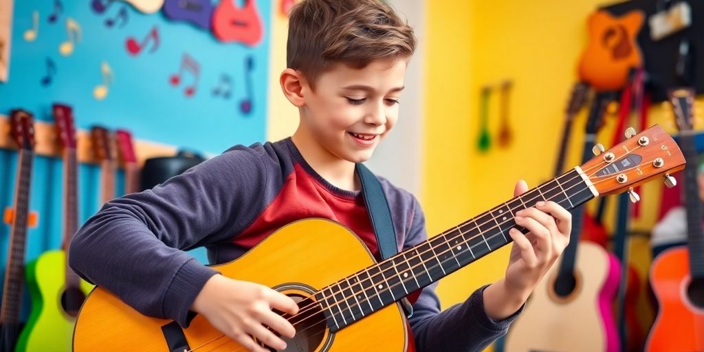 Pessoa jovem tocando violão com alegria.